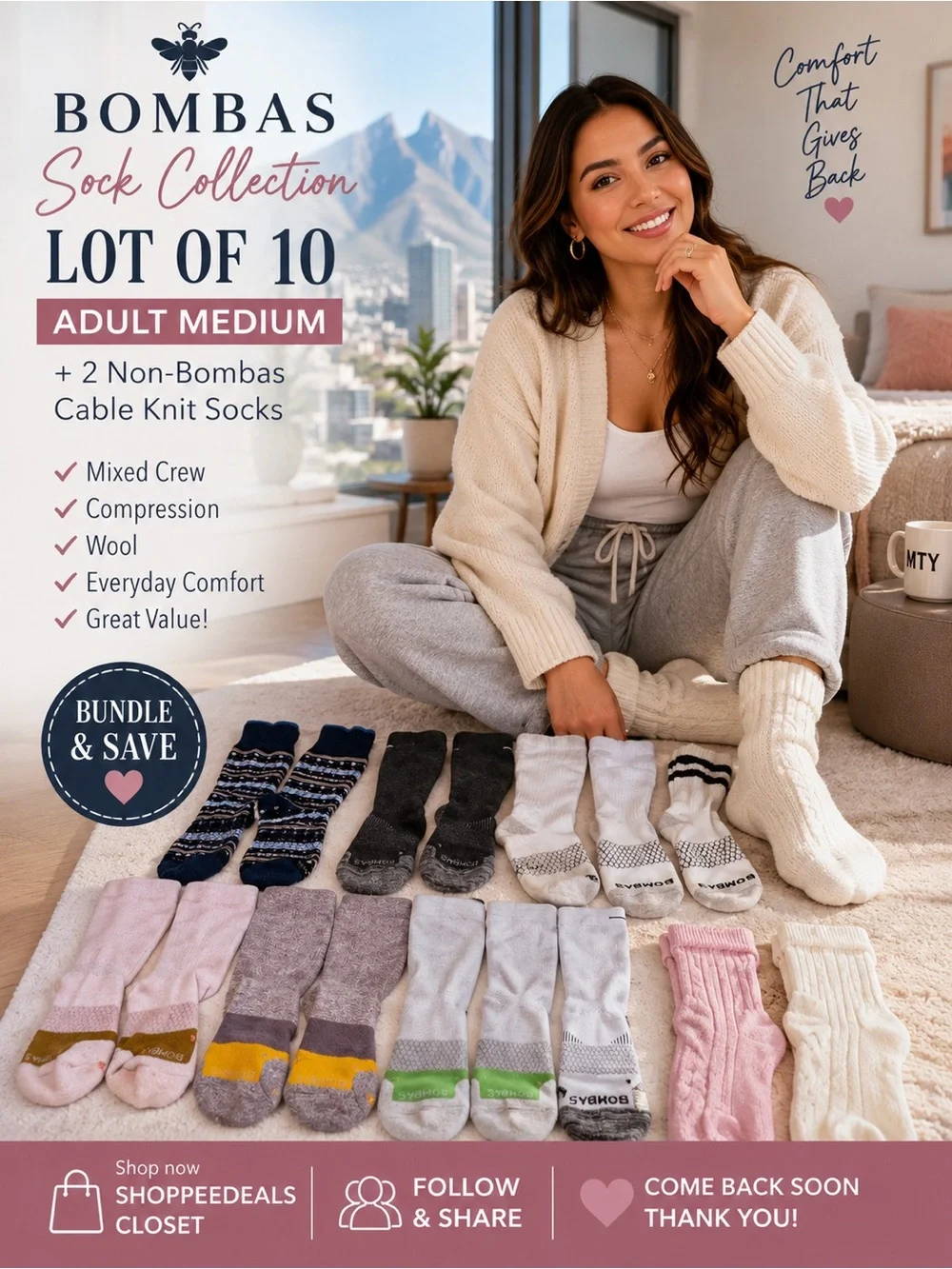 Lot of 10 Adult Medium Bombas Socks + 2 Non-Bombas Cable Knit Socks | Mixed